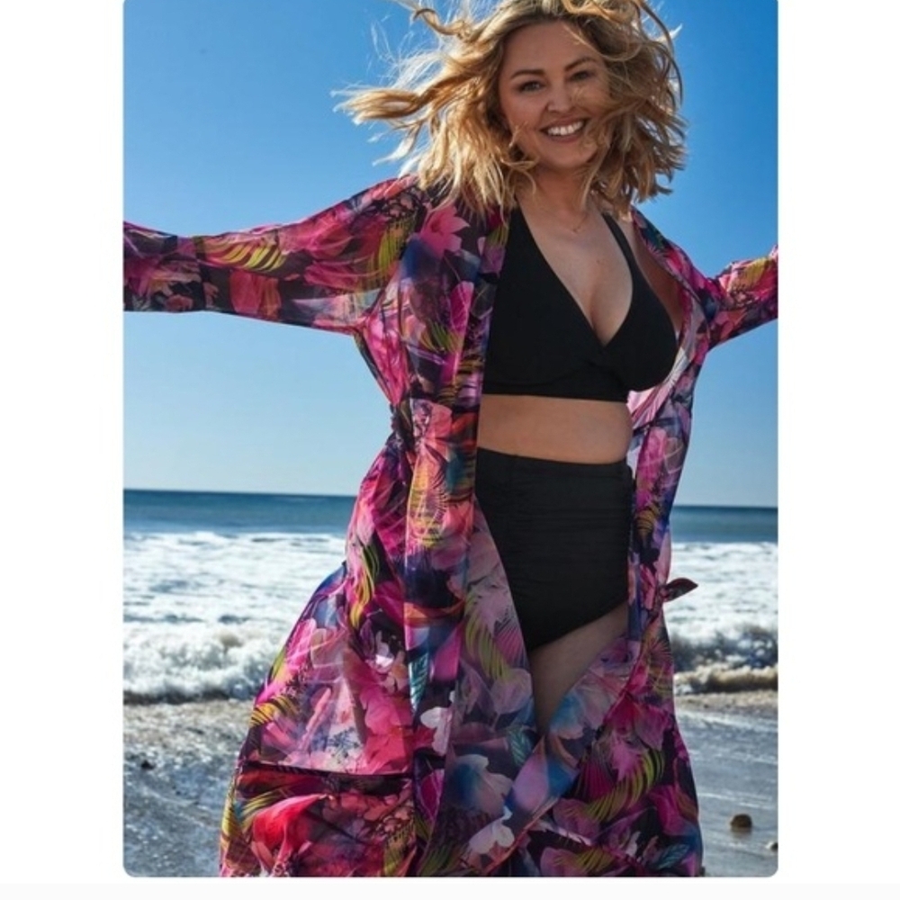 Torrid 5x Vibrant Floral Sheer Ruffle Kimono Swim Cover-up